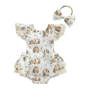 Novorodenca Veľkonočné Dievča Oblečenie Čipky Bunny Romper Backless Kombinézu Jumpsuit s hlavovým oblúkom Letné Oblečenie 0-24M
