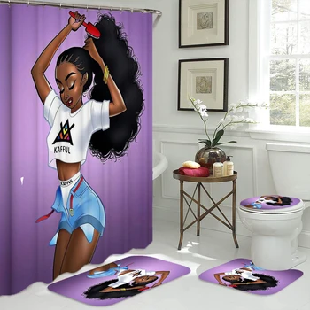Fialová Afriky Afro Americké Dievča Lady Česať Vlasy, Sprchový Záves Nastaviť Kúpeľňa Non-slip Koberce, Wc Veko Krytu Vaňa Mat Domova
