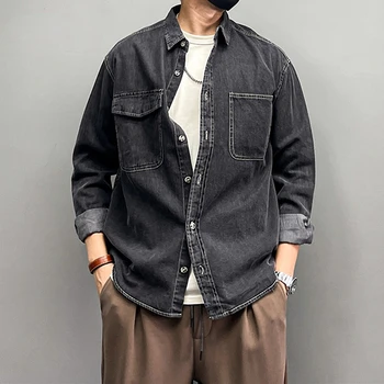 Japonský Streetwear Módy Vysokej Kvality Džínsové Košele Mužov Oblečenie Harajuku Náklad Dlhý Rukáv Topy Jar Jeseň Bežné Coats