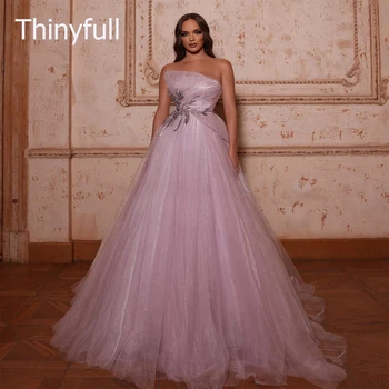 Thinyfull A-Line Prom Šaty, Dlhé, Svetlo Ružová Tylu Vestidos Elegantes Para Mujer De Noche Gala Dubaj Arabčina Večerné Šaty Strany
