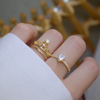 14K Berlapis Emas Glamour Halus Putri Tiara Mahkota Berkilau CZ Cincin Wanita Pertunangan Perhiasan Hadiah Ulang Roku