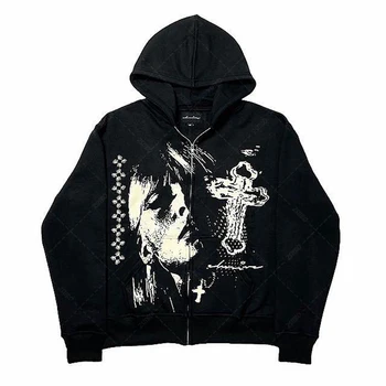 2022 nové dark series vytlačené hoodie mužov štyri ročné obdobia Y2K street style hip-hop Harajuku zips voľné bežné sveter mužov