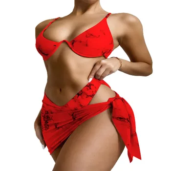 FS Ženy Červeného Mramoru Tlač Mikro Tangá Underwire Push Up Bikini Set Lady Split Backless Beach Štýl Plavky, Plavky Tri Kus