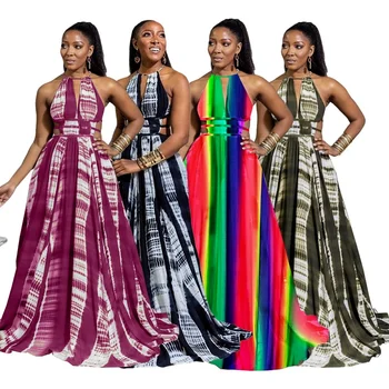 2022 Módne Afriky Oblečenie Žien Leto Bez Rukávov Otvorené Zadné Veľké Lem Vintage Maxi Šaty Elegantné Večerné Party Dlhé Šaty