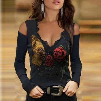 2021 Ženy, Ročník Tlače Dlhý Rukáv T-Shirts Ženy Sexy Tvaru Mimo Ramenný Topy Elegantné Rose Vzor Tee Tričko Streetwear