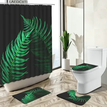Tropické Zelenej Listovej Sprchový Záves Kúpeľňa Nastaviť Banánových Listov Palmové Listy Čierne Pozadie Non-Slip Koberec, Wc Kryt Podlahy Mat
