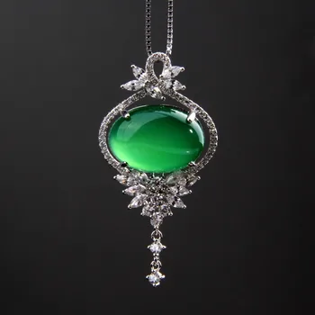 Prírodné Zelené Chalcedony Ručne Vyrezávané 925 Silver Príveskom Vykladaným Módne Šperky Žena Achát Náhrdelník Darček Príslušenstvo