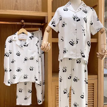 Bamboo Panda Cartoon Oblečenie Oblek pre Mužov a Ženy Dlhým rukávom Satin Pajama Nastaviť Tenké, Mäkké Pohodlné dvojdielne plavky Sleepwear