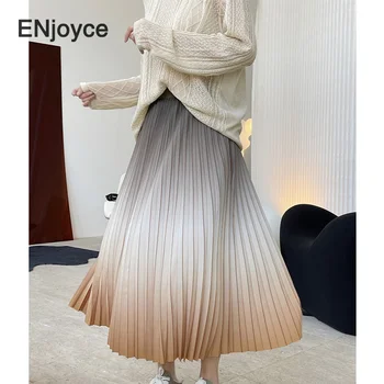 Trendy Vintage Gradient Skladaný Horela Sukne pre Ženy, Elastické Vysoký Pás A-line Skladaný Sukne kórejský Štýl Dlhé Šaty Jeseň