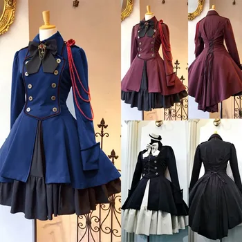 Vintage Gothic Lolita Šaty OP Prehrabať motýlik Tlačidlo Čipky Koleno Dĺžke Šaty s Dlhým Rukávom Sladké Šaty