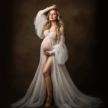 14531#IENA Elegantné Fotografovanie Prop Šaty Perly Tylu Svadobné Šaty Materskej Šaty pre Fotenie Mimo Ramenný Babyshower Šaty
