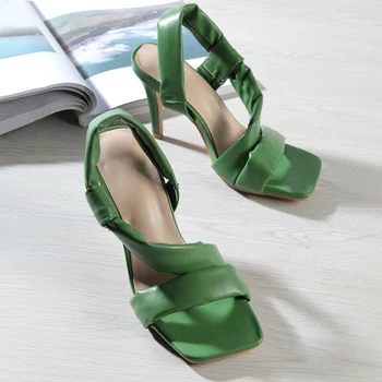 Vysoké Podpätky dámske Sandále Pošmyknúť Na Diapozitívy Duté Zelená Biela Slingback Sandále Sexy Štvorcové Prst Otvorené Prst Šaty Topánky Strany Topánky