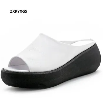 2021 Ryby Úst Vysoko Kvalitnej Mäkkej hovädzej kože Letné Sandále dámske Papuče Platformu Kliny Papuče Zvýšiť Topánky Sandále Ženy