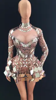 Sexy zrkadlo Strieborné šaty trblietavými Flitrami kamienkami šaty, sexy žena spevák, tanečník fáze kostým