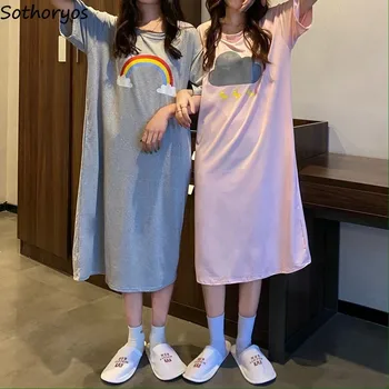 Letné Ženy Tlač Nightgown Roztomilý Krátky Rukáv Nad Kolená Lenivý Salónik Sleepshirts Študent Neforemné Priedušná Sleepwear Oblečenie Pre Voľný Čas
