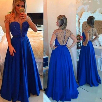 2020 Kráľovská Modrá Korálky Sexy Ilúzie Späť Satin Večerné Šaty-line Formálne Šaty Prom Formálne Šaty župan de soriee Nové