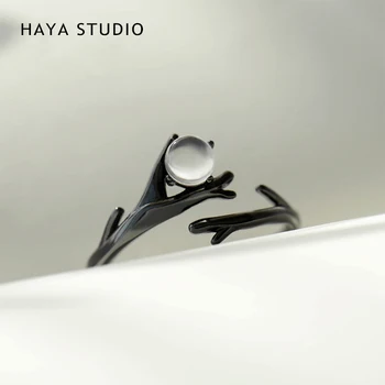 Haya Studio Pôvodné Moonlight Lesa Dizajn Prst Prsteň Moonstone Drahokam S925 Silver Black Krúžok pre Ženy Elegantné Šperky