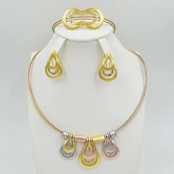 New Vysoká Kvalita Dubaj zlato veľké Šperky Set 3 tóny, Zlatá farba Nigérijský Svadobné Afriky Šperky Sady Parure Bijoux Femme