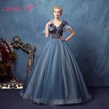AnXin SH princezná volánikmi rukáv, modrá čipky večerné Šaty sladké čipky kvet večerné šaty vintage dĺžka podlahy večerné šaty
