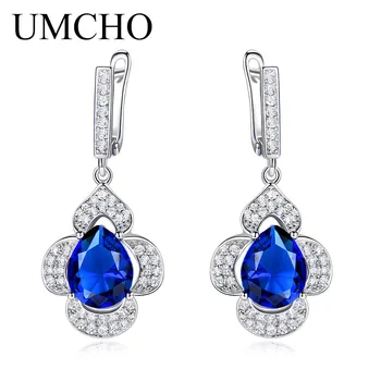 UMCHO Blue Sapphire Drop Náušnice pre Ženy Drahokam Skutočné 925 Sterling Silver Módne Romantický Darček Šperky, Zásnubné