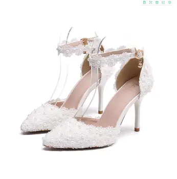 Biely kvet, svadobné topánky čipky pearl vysoké podpätky sladké svadobné šaty topánky nechtov korálky poukázal bodce 9 CM ženské vysoké podpätky