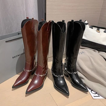 2022 Jeseň a v zime Womenknee-vysoké topánky prírodná koža 22-24.5 cm cowhide moderné topánky ukázal prst kovové reťaze západnej topánky
