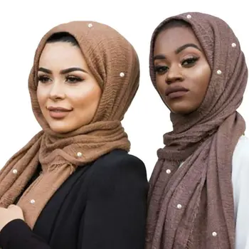 1PC Nové Bubliny Bavlna Okraji Moslimská Šatka Hijabs Obyčajný Ženy Hijabs Pearl Dekor Dlhý Šál Zábal Islam Turban Šatku 190x80cm