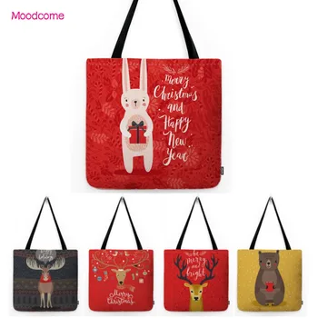 Červené Vianoce Radostné Roztomilý Zvierat Jeleň Bunny Penguinn Mýval Krásne Bavlnené Obliečky Tote Bag Je Odolný Voči Vode Shopper Nákupní Taška