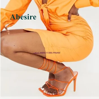 Abesire Štvorcové Prst Kríž Viazaná Sandále Stiletto Päty Vysokým Podpätkom Sandále Orange Najnovšie Módne Dámske Topánky Letné Sexy Party Topánky