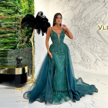 Verngo Luxusné Tmavo Zelenej Čipky Sequin Korálky Morská Víla Večerné Šaty Dlhé Odnímateľné Tylu Vlak Milú, Dubaj Ženy Prom Šaty