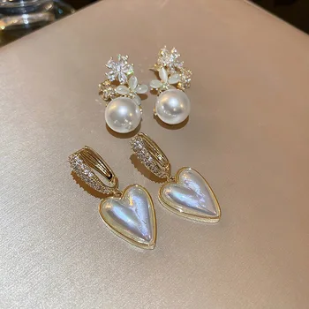 Nový silver needle zirkón kvet lásky pearl náušnice žena kórejský doplnky, módne módne temperament svetlo luxusné earbuckle