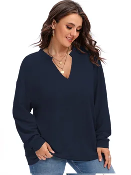 Hot predaj farbou V-neck žien veľké veľkosť t-shirt long sleeve sveter módne pletené topy 2023 jar a v lete nové