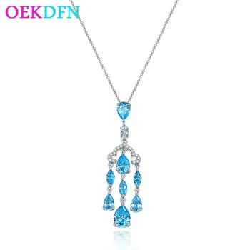 OEKDFN Luxusné Pevné 925 Sterling Silver Sky Blue Akvamarín Diamantový Prívesok Náhrdelníky Pre Ženy, Svadobné Party Jemné Šperky Dary
