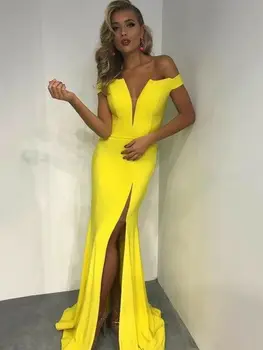Sexy Dlhé tvaru Morská víla Satin Žltá Večerné Šaty so Štrbinou Dĺžka Podlahy Zips Späť Formálne Party Šaty pre Ženy
