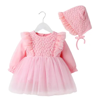 Zimné Jeseň Batoľa Detská Baby Dievčatá Jeden-rok-starý Šaty kórejská Verzia Solid Plus Velvet Dlhý Rukáv O-Krku A-line Šaty