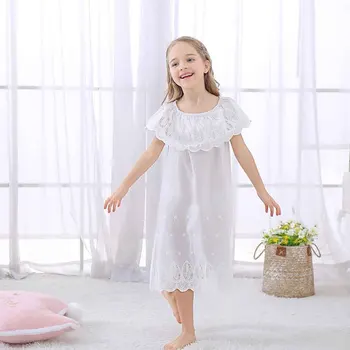 2021 Lete Dievčatá Sleepwear Čipky Nightgown detský Domov Bavlnené Šaty 2-10Y Dieťa Biela Pyžamo Výšivky Módy Nové