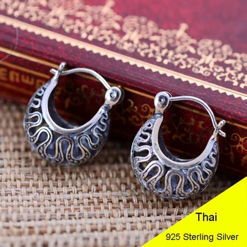 925 Sterling Silver Duté Polmesiaca Kvetinové koše Klip Náušnice Ženy Vintage Thai Strieborný Darček Brincos Aretes Šperky CH051069