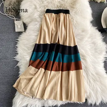 2020 jeseň zima nové elegantné ženy Šitie farba saténová sukňa žena vysoký pás prekladané skladaná sukňa