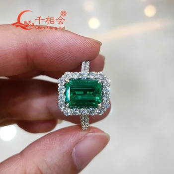 925 strieborný prsteň so zelená farba 7x9mm Hydrotermálne Columbia Emerald a biele Moissanite klasický Krúžok Krúžok Kapela Pre Ženy