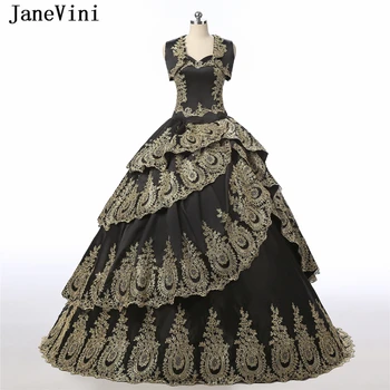 JaneVini Black plesové Šaty, Quinceanera Šaty s Cape 2019 Luxusné Zlaté Čipky Appliques Korálkové Viazané Taft Sprievod Party Šaty