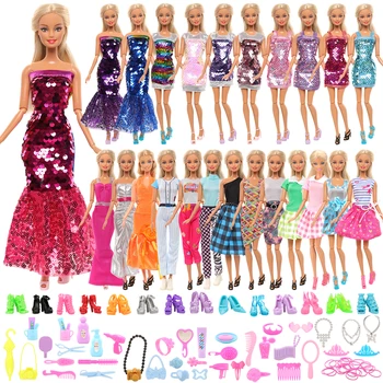 Móda Ručne vyrábané Bábiky Acessories 89 položky/set=9 Dlhé Šaty +7 Krátke Šaty +63 Príslušenstvo +10 Obuv Bábiky Oblečenie pre Barbie