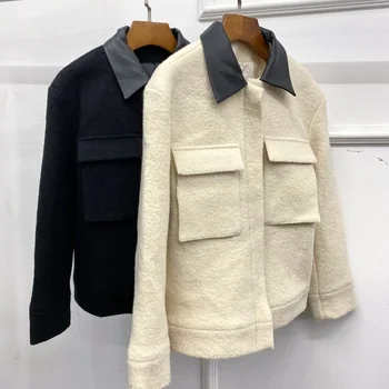 2021 jeseň zima nový štýl módy ovčej golier, dvojité vrecko teplé krátke vlny bunda dámske kabát