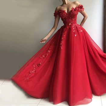 Očarujúce Červené Šaty Ples 3D Kvetinovým Šplhať Ramena Formálne Večerné Party Šaty Plus Veľkosť Dubaj Sladké Župan De Soiree