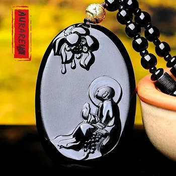 AURAREIKI Obsidian Bódhidharma Náhrdelník s Príveskom, Perlový Náhrdelník Budhizmus Amulet Šperky Obsidian Šťastie Prívesok Muži Ženy Šperky