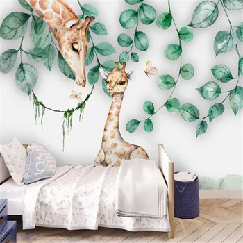 Milofi vlastné 3D tapeta nástenná maľba Nordic minimalistický listy roztomilý zvierat žirafa detí domu pozadí na stenu