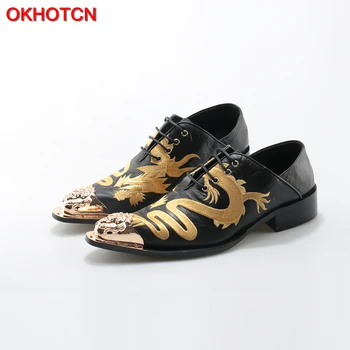 OKHOTCN Dragon Vyšívať Mužov Topánky Oxfords Päte Čipky Bytov Topánky Kožené Business Šaty, Topánky Muž Obuv Plus veľkosť