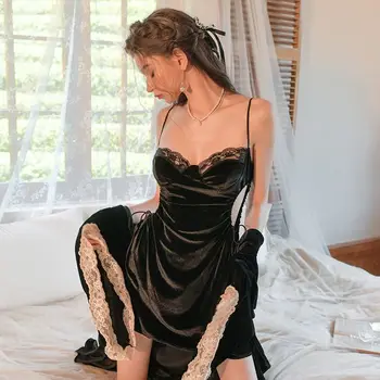 Francúzsky Štýl Žien Nightgown Sexy Zlato Velvet Sklzu Nightdress Dlhý Rukáv Šaty Cardigan Trouse Pyžamá pre Ženy Pijama Pjs