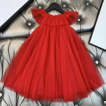 Dieťa dievča leta červené lietajúce rukáv oka princezná šaty deti vintage narodeninovej party svadobné šaty