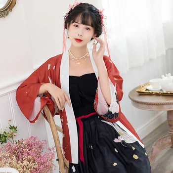 Móda Japonské Kimono Retro Žeriav Tlač Dlhý Rukáv Voľné Tenký Sveter Haori Vintage Štýl, Čierne Dlhé Sukne Yukata Sady