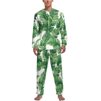 Banán Leaf Pyžamo Jeseň 2 Kusy Tropických Tlač Romantický Pajama Sady Mens Dlho Rukáv Spálňa Grafické Odev